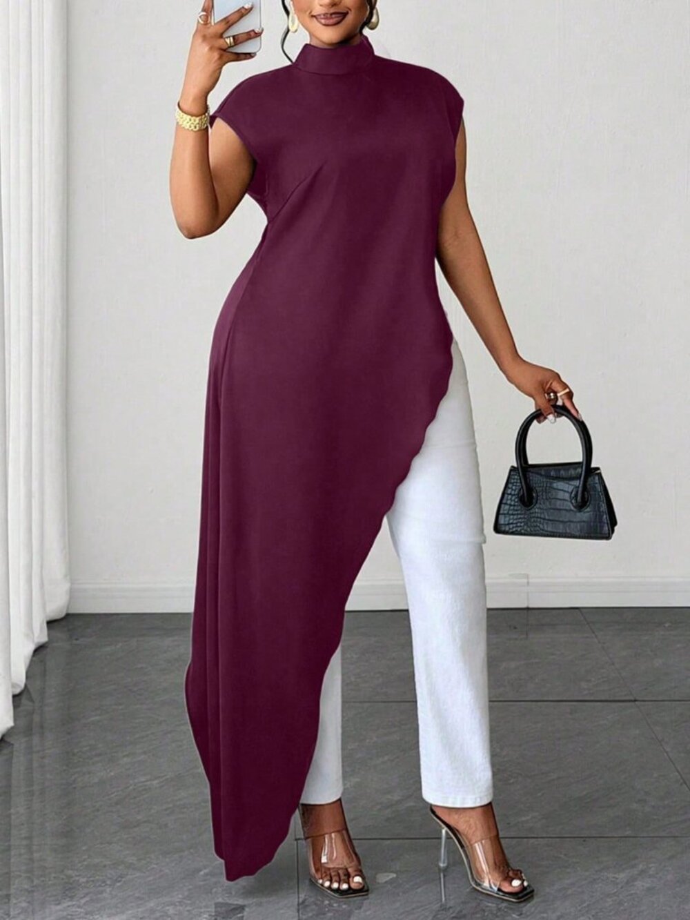 Red Violet Casual Women's Plus Size Stand Collar Asymmetrical Hem Long Shirt